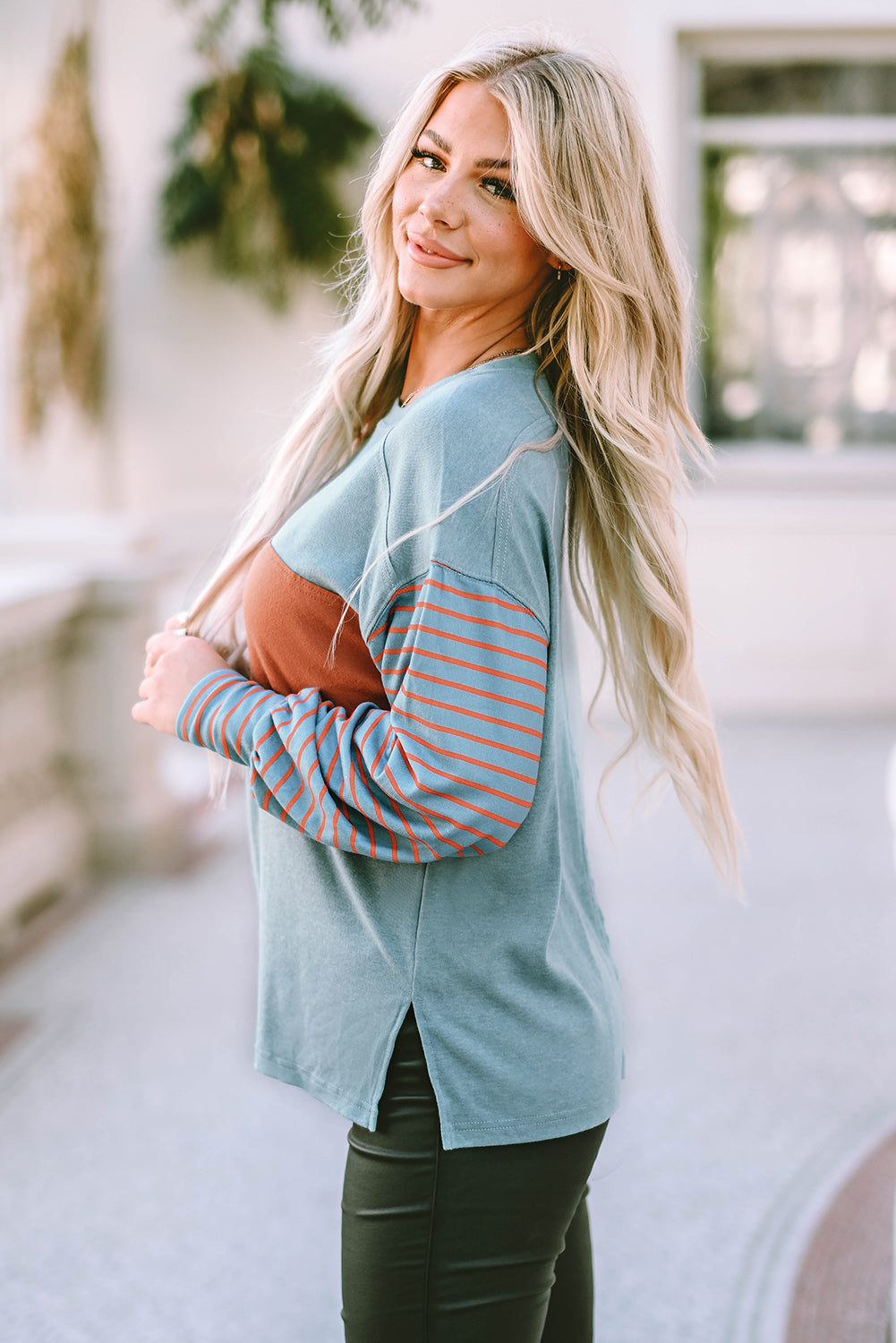 Cali Chic Women's Tops Celebrity Blue Color Block Striped Bishop Sleeve