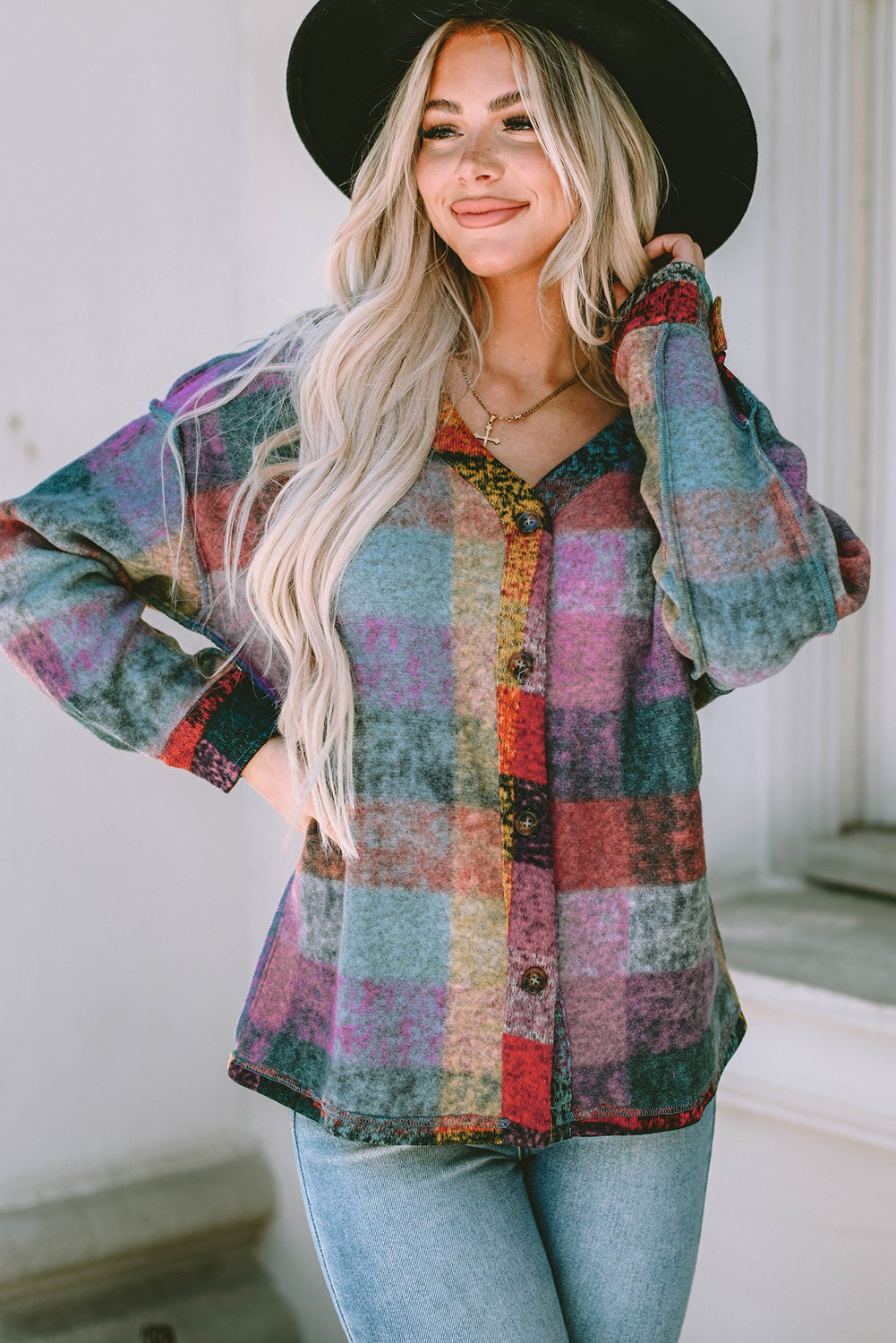 Multicolor Brushed Checked Western Buttoned Jacket