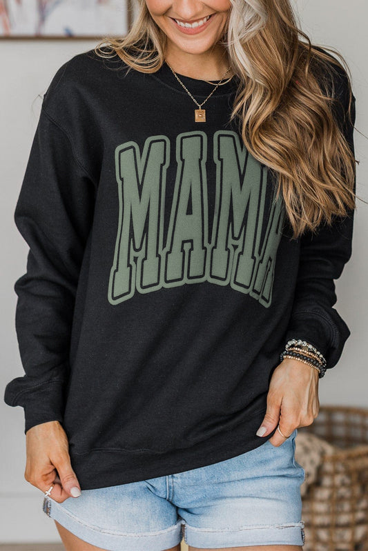 Cali Chic Black Mama Varsity Crew Neck Sweatshirt