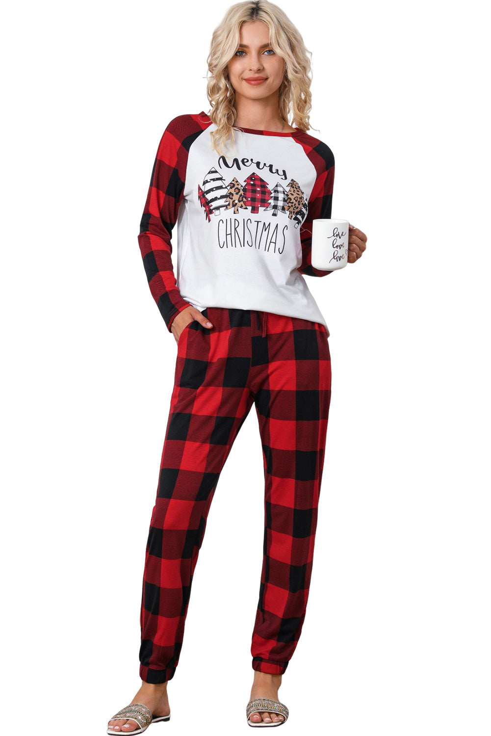 Red Plaid Merry Christmas Graphic Loungewear Set