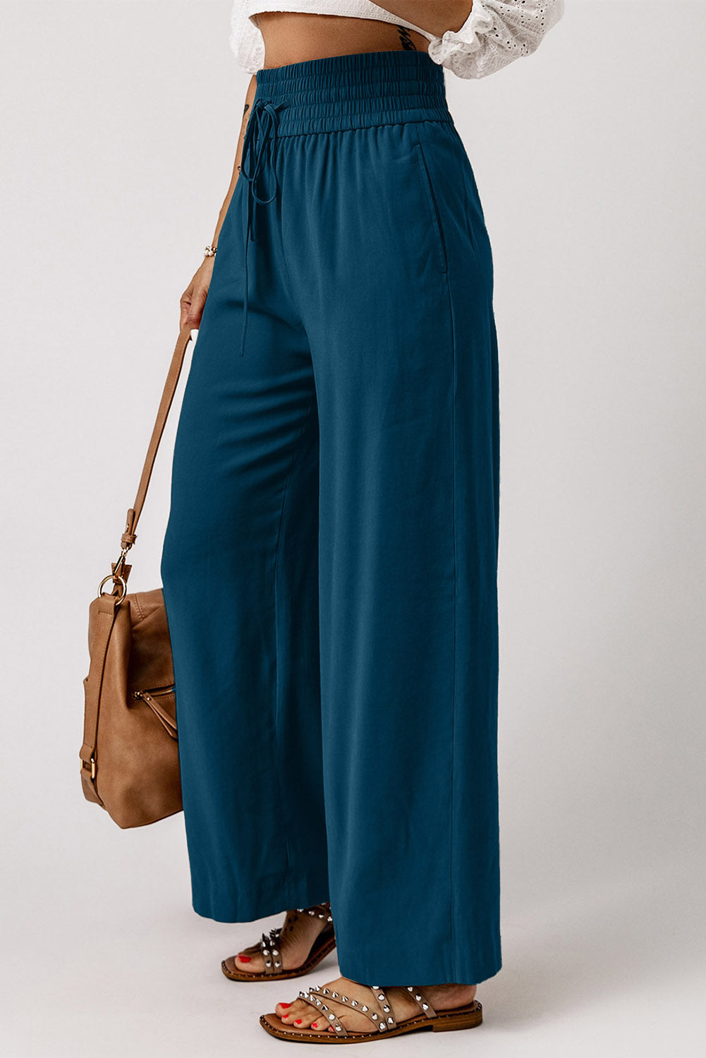 Cali Chic Blue Drawstring Elastic Waist Casual Wide Leg Pants