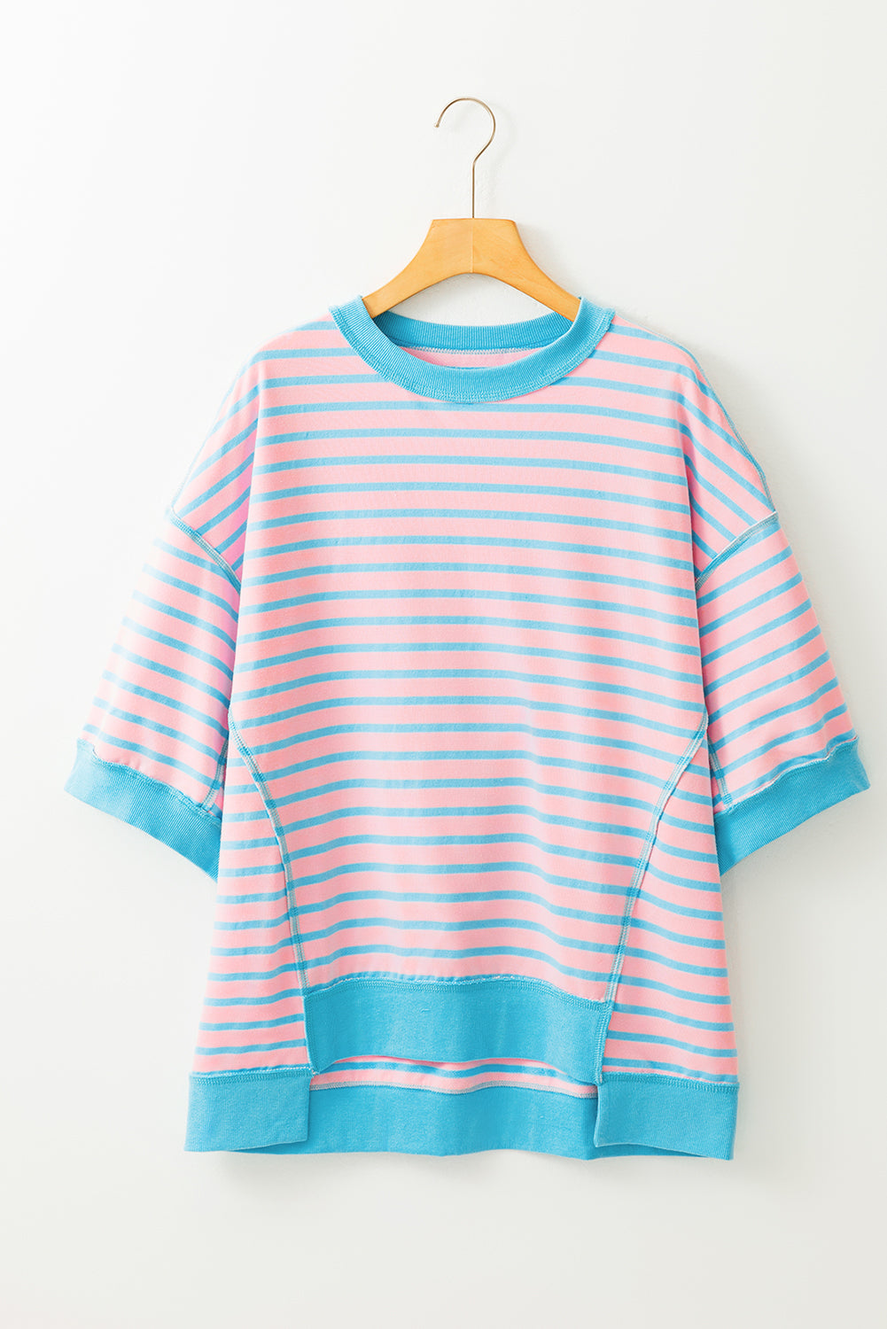 Cali Chic Women Top Pink Stripe Oversized Contrast Trim Exposed Seam High Low T Shirt