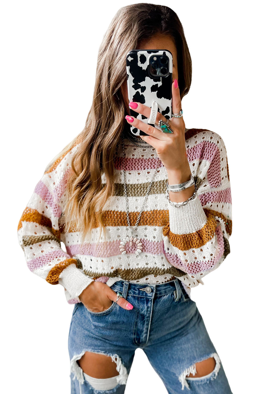 Cali Chic Multicolor Striped Hollowed Knitted Loose Sweater