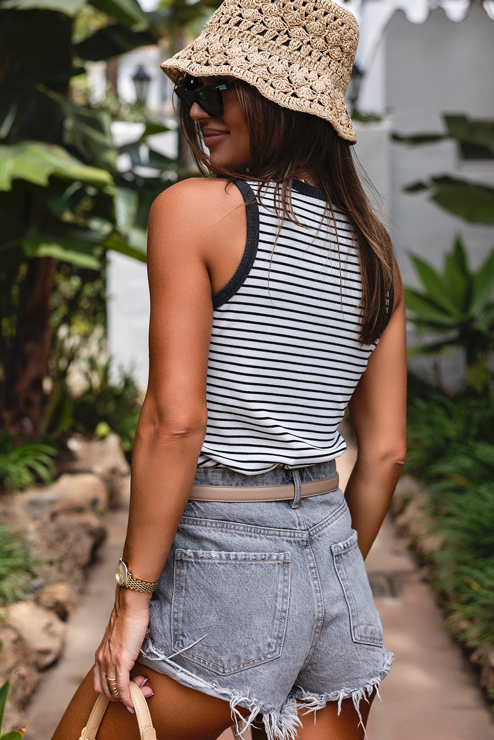 White Stripe Ribbed Knit Buttoned U Neck Tank Top