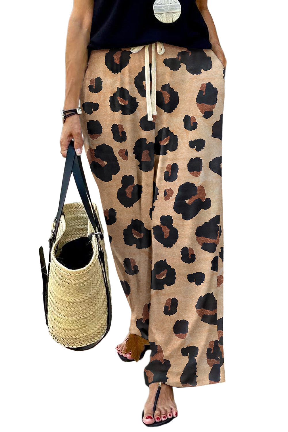 Cali Chic Women Wide Leg Pants Celebrity Leopard Drawstring