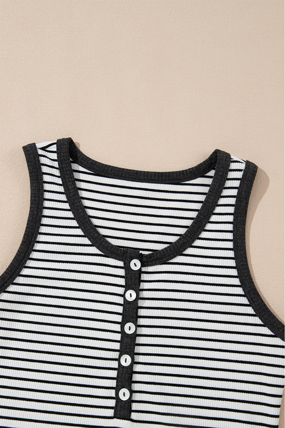 White Stripe Ribbed Knit Buttoned U Neck Tank Top