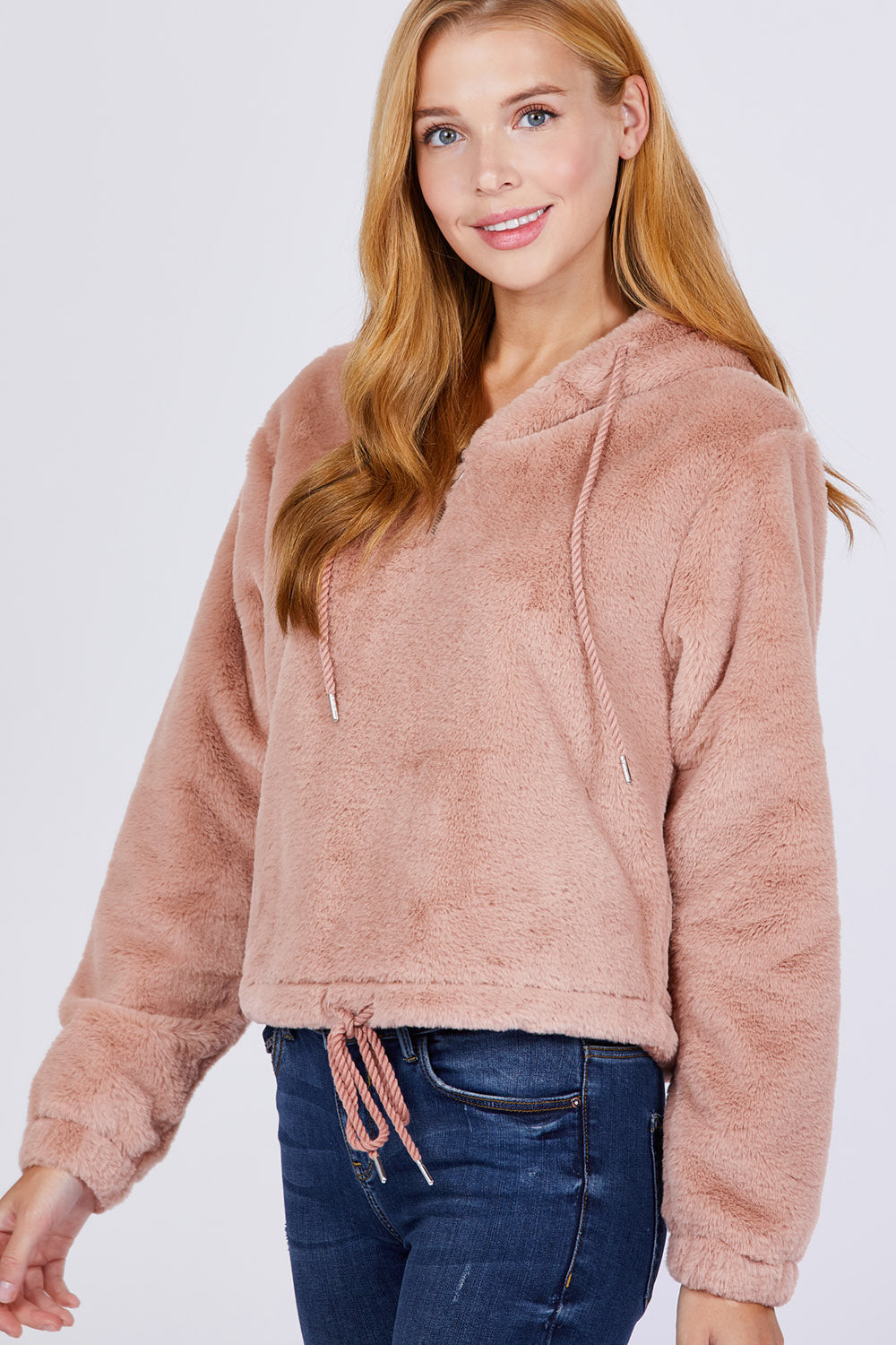 Cali Chic Women Hoodie Celebrity Quarter Zip Sand Pink Drawstring Faux Hoodie