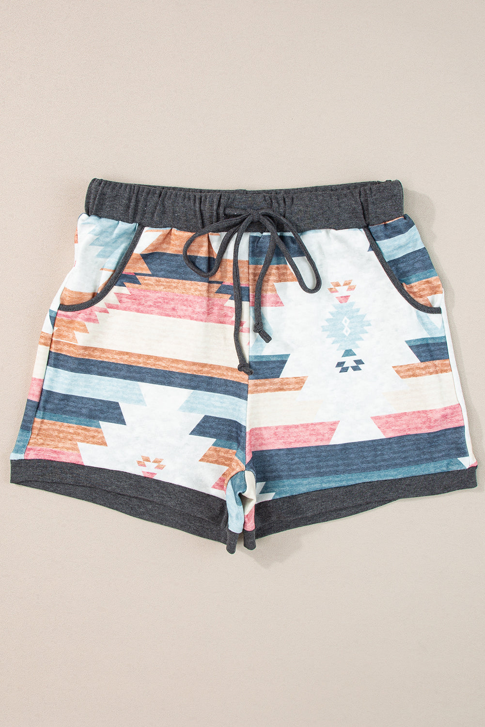 White Aztec Print Drawstring Waist Casual Shorts