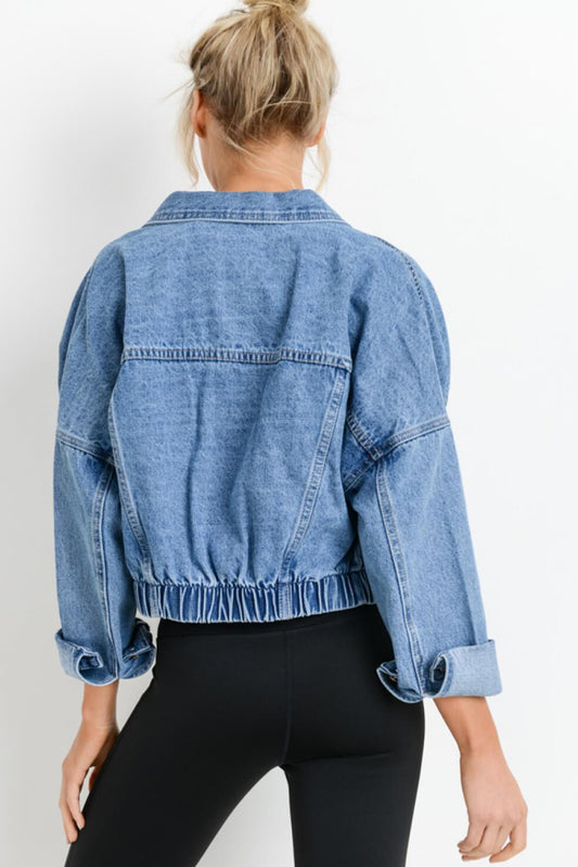 Cali Chic Sky Blue Medium Wash Chunky Cropped Denim Jacket