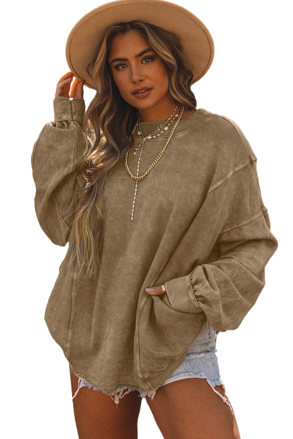 Cali Chic Khaki Exposed Seam Twist Open Back Oversized Sweatshirt