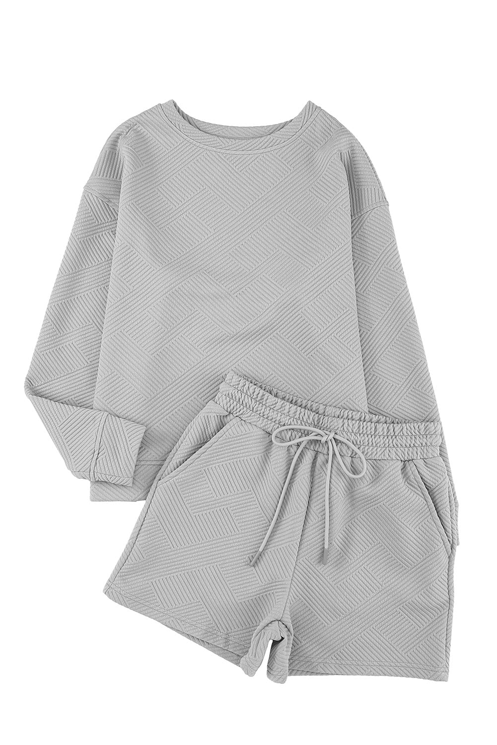 Gray Textured Long Sleeve Top and Drawstring Shorts Set