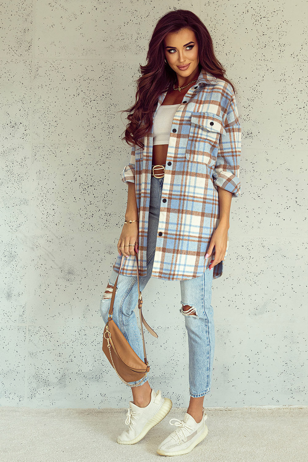 Cali Chic Sky Blue Plaid Flap Pocket Long Sleeve Shacket