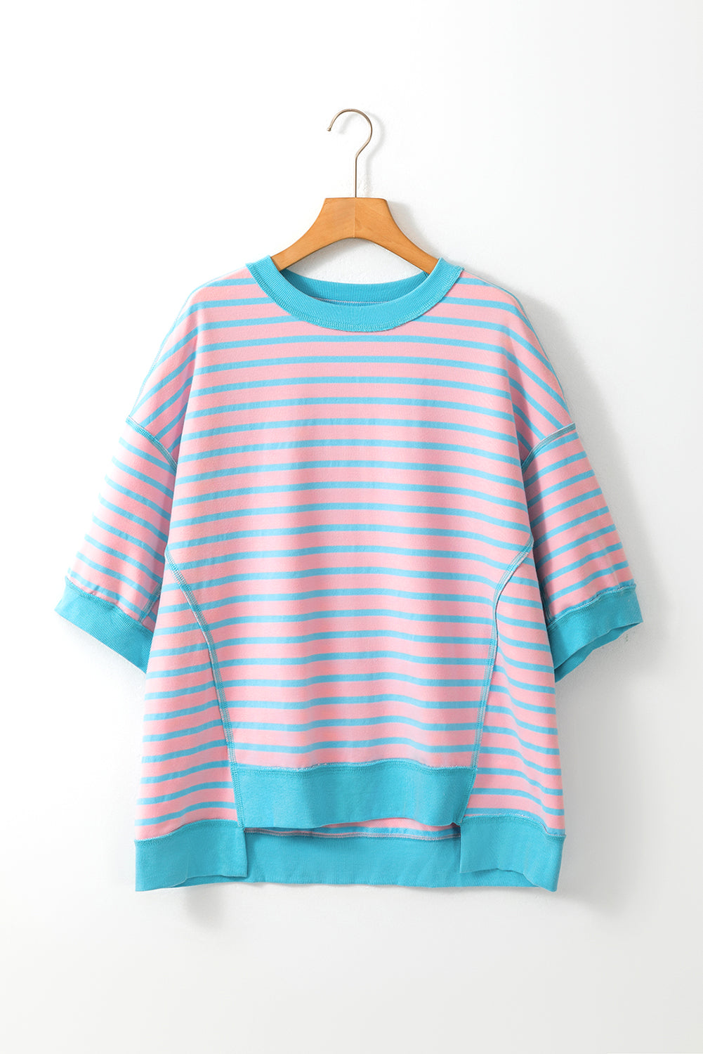 Cali Chic Women Top Pink Stripe Oversized Contrast Trim Exposed Seam High Low T Shirt