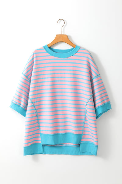 Cali Chic Women Top Pink Stripe Oversized Contrast Trim Exposed Seam High Low T Shirt