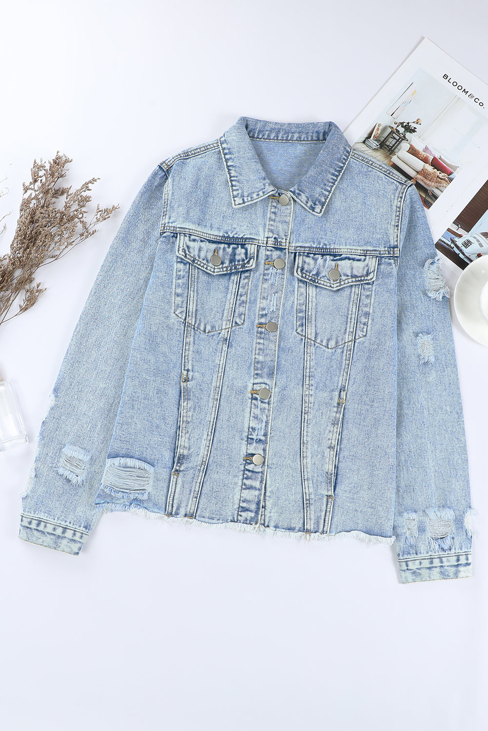 Cali Chic Sky Blue Lapel Distressed Raw Hem Buttons Denim Jacket