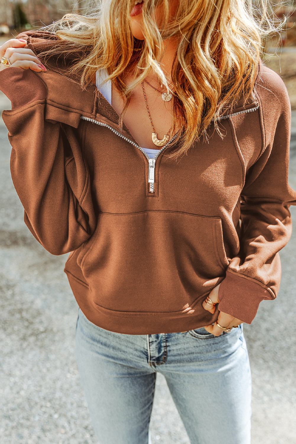 Cali Chic Brown Quarter Zip Kangaroo Pocket Hoodie