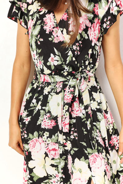 Perfee Floral Flutter Sleeve Tie-Waist Split Dress