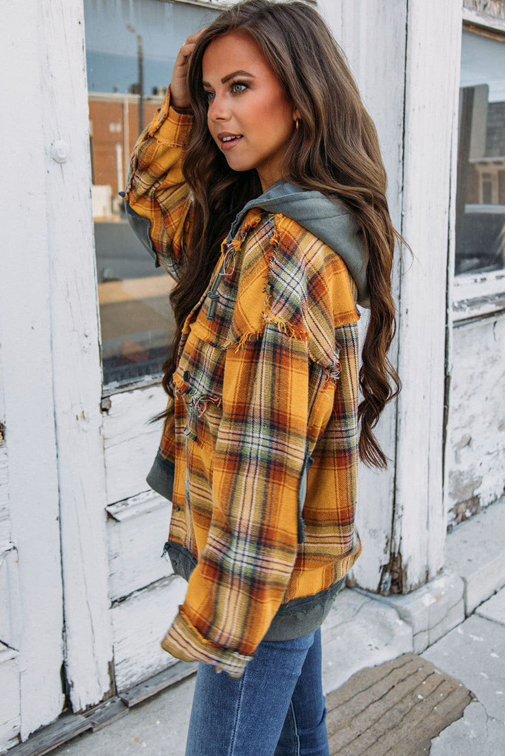 Cali Chic Orange Plaid Patch Hooded Frayed Snap Button Jacket