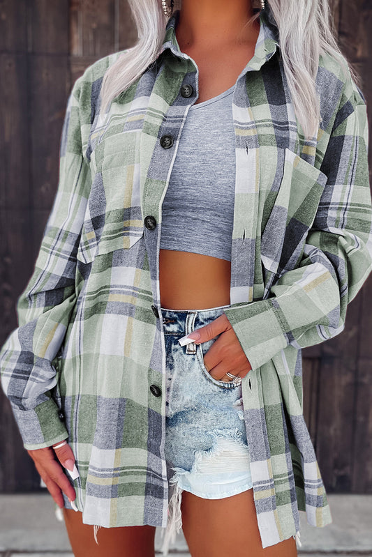 Cali Chic Green Plaid Button Up Patch Pocket Shirt