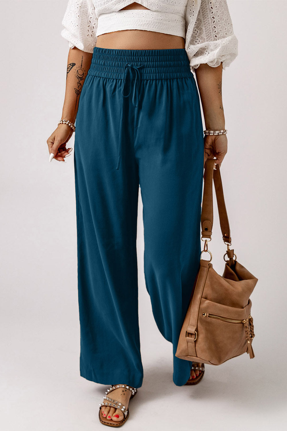 Cali Chic Blue Drawstring Elastic Waist Casual Wide Leg Pants