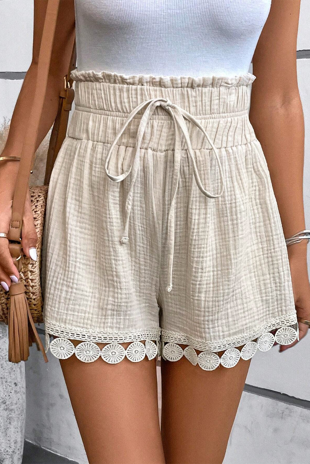 Cali Chic Apricot Textured Frilled Knotted High Waist Lace Hem Shorts