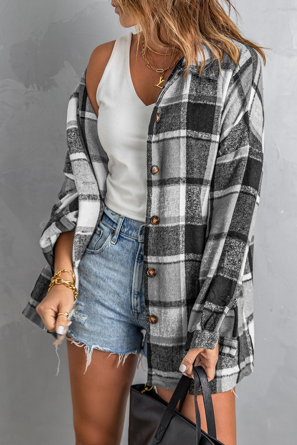 Cali Chic Gray Plaid Print Buttoned Shirt Jacket