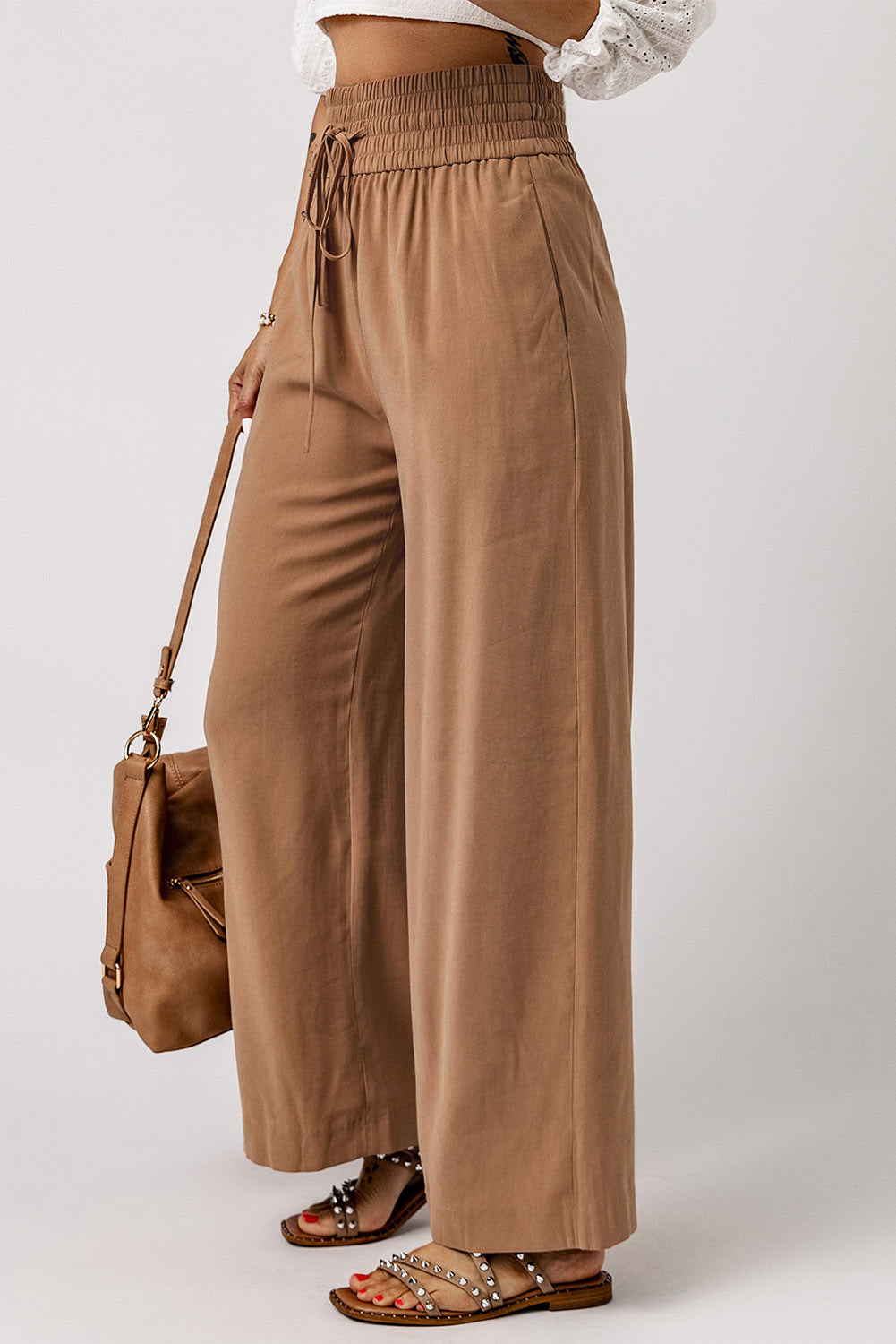 Cali Chic Women Wide Leg Pants Brown Drawstring Elastic Waist