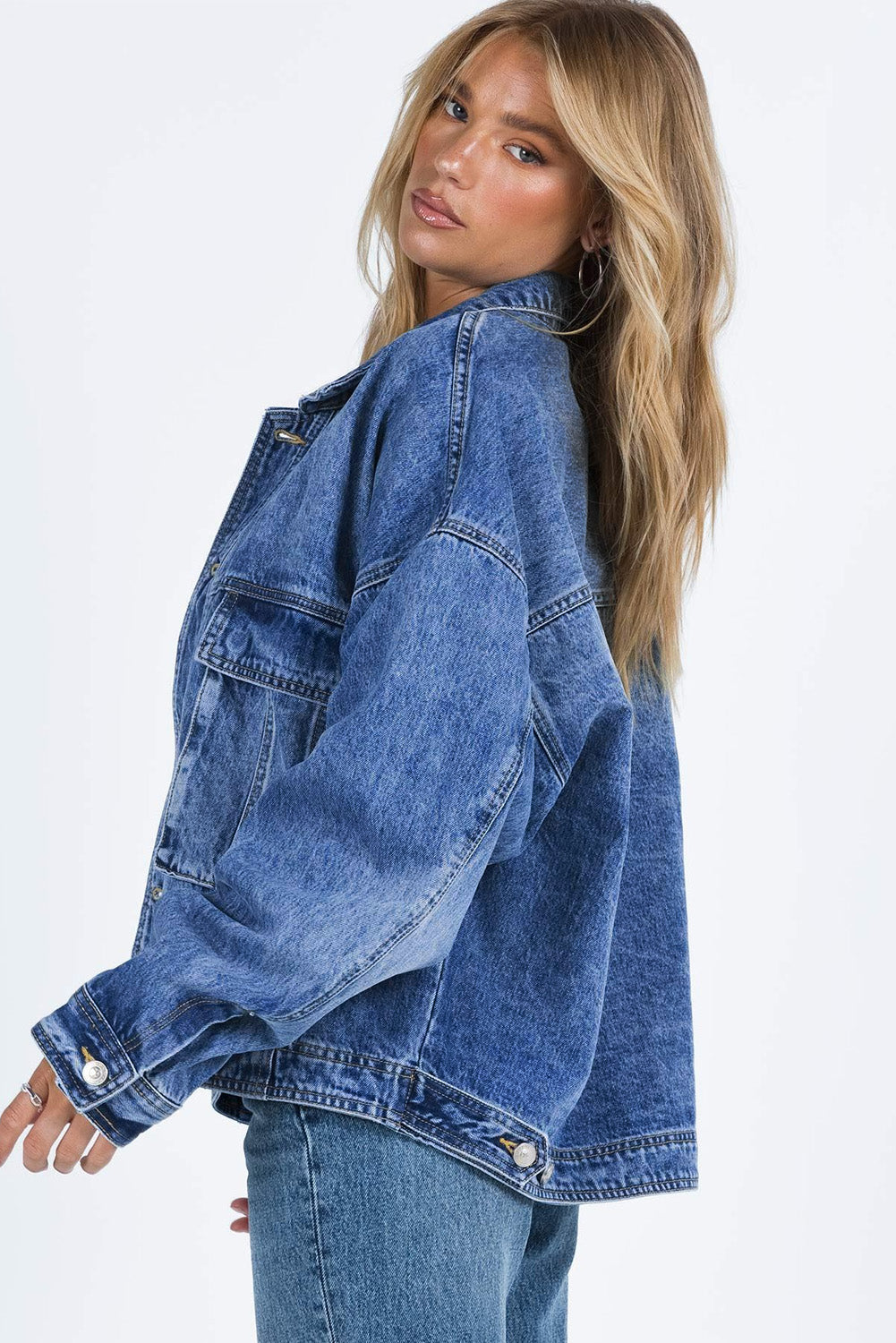 Cali Chic Blue Chest Pockets Drop Shoulder Loose Denim Jacket