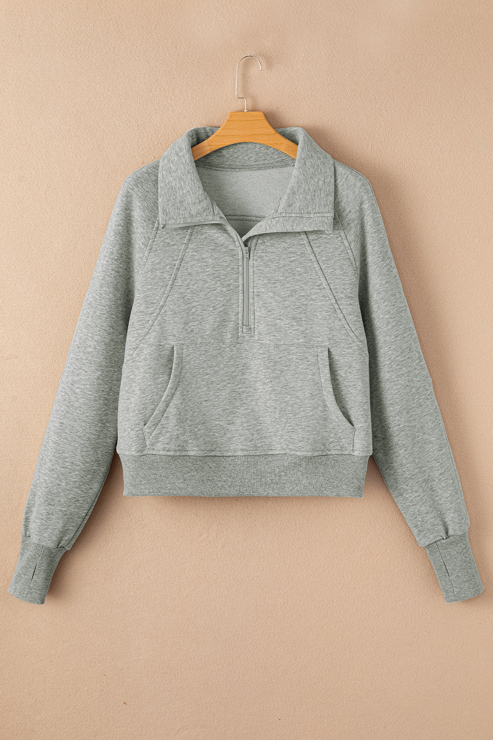 Cali Chic Gray Zip Up Stand Collar Ribbed Thumbhole Sleeve Sweatshirt