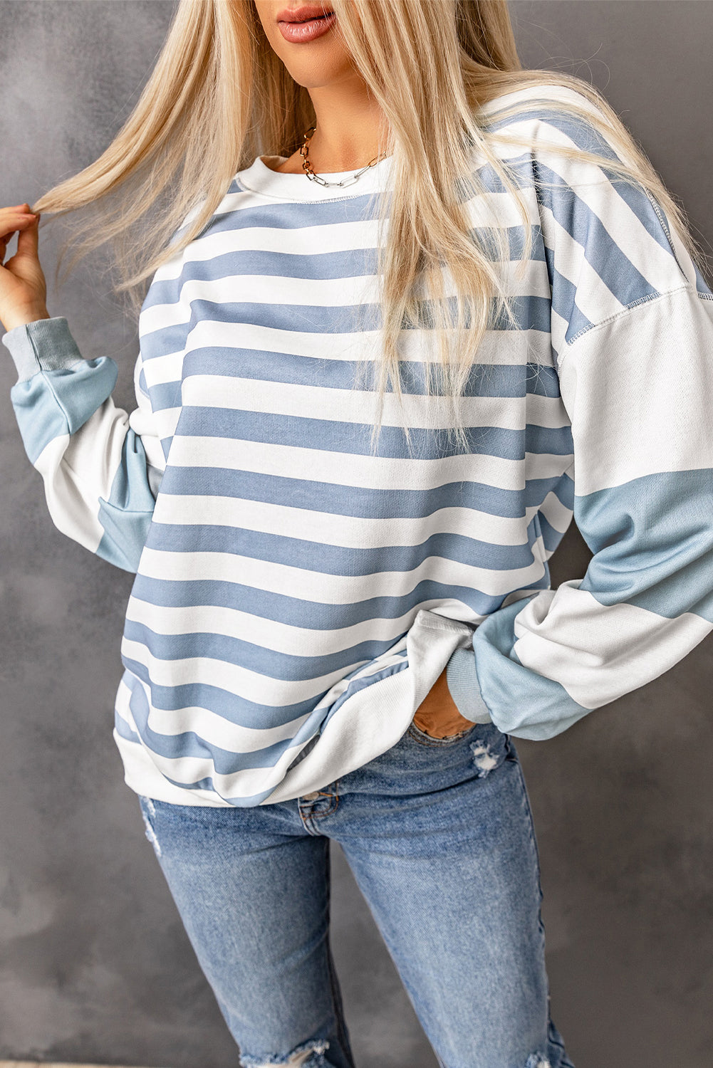 Cali Chic Stripe Drop Shoulder Striped Pullover Sweatshirt