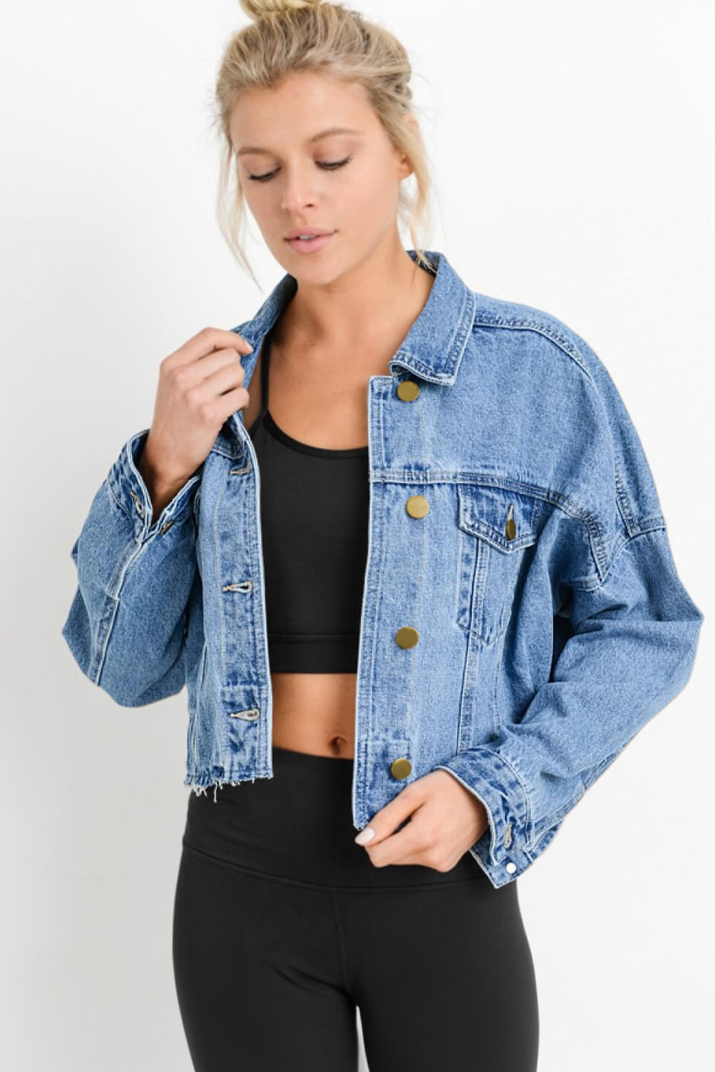 Cali Chic Sky Blue Medium Wash Chunky Cropped Denim Jacket