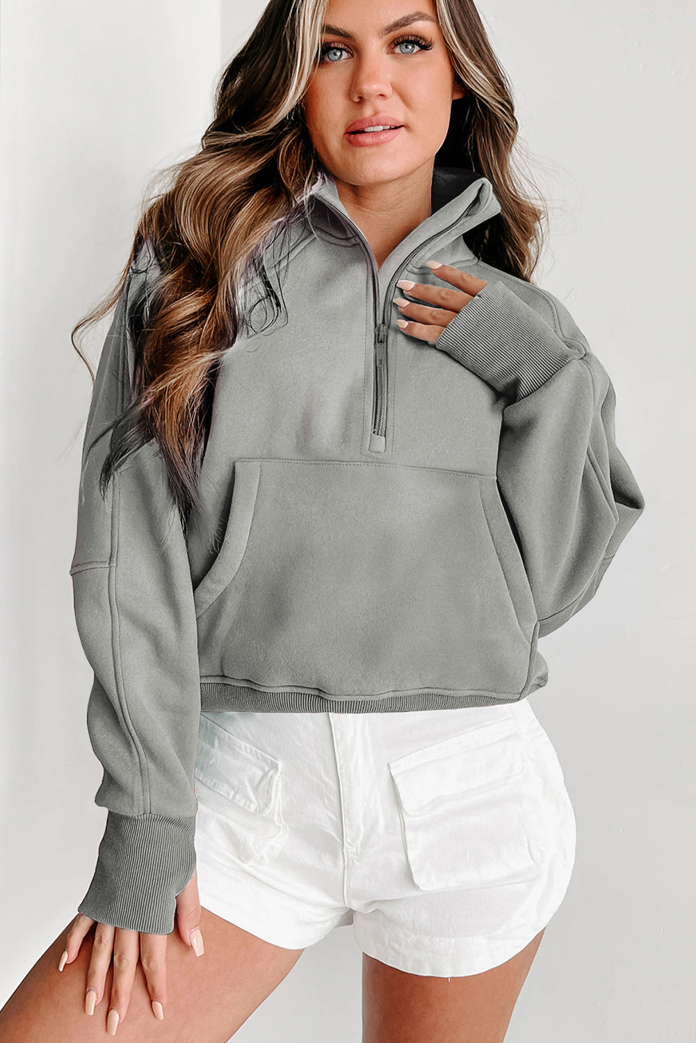 Cali Chic Gray Zip Up Stand Collar Ribbed Thumbhole Sleeve Sweatshirt