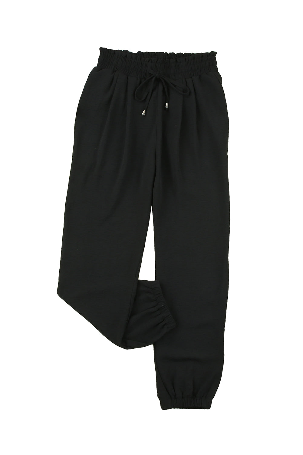 Black Solid Color Drawstring Smocked Waist Joggers