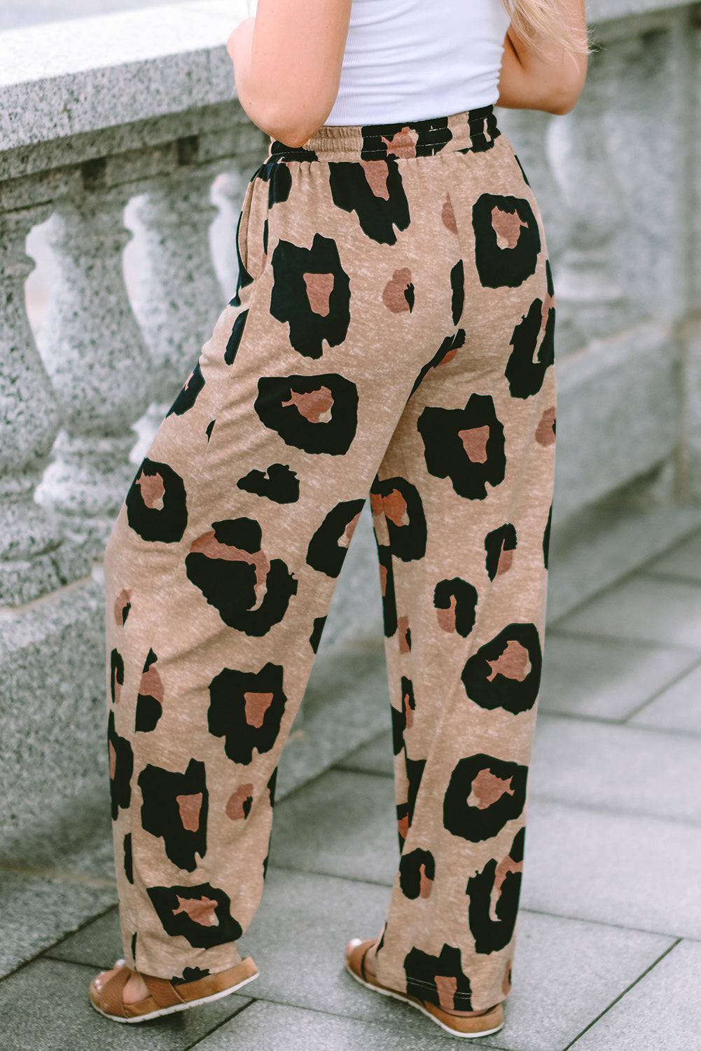 Cali Chic Women Wide Leg Pants Celebrity Leopard Drawstring