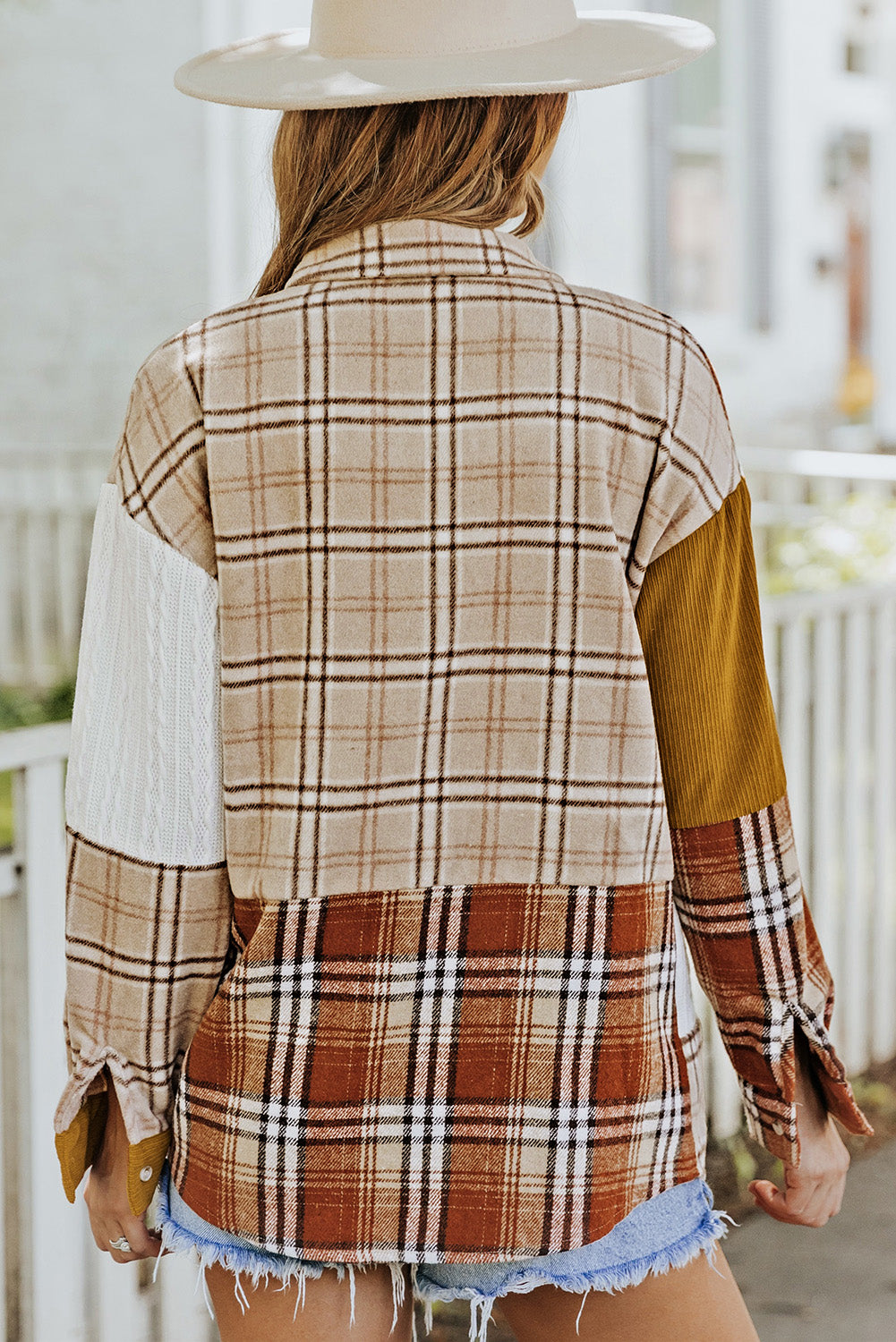 Cali Chic Orange Plaid Color Block Patchwork Shirt Jacket with Pocket