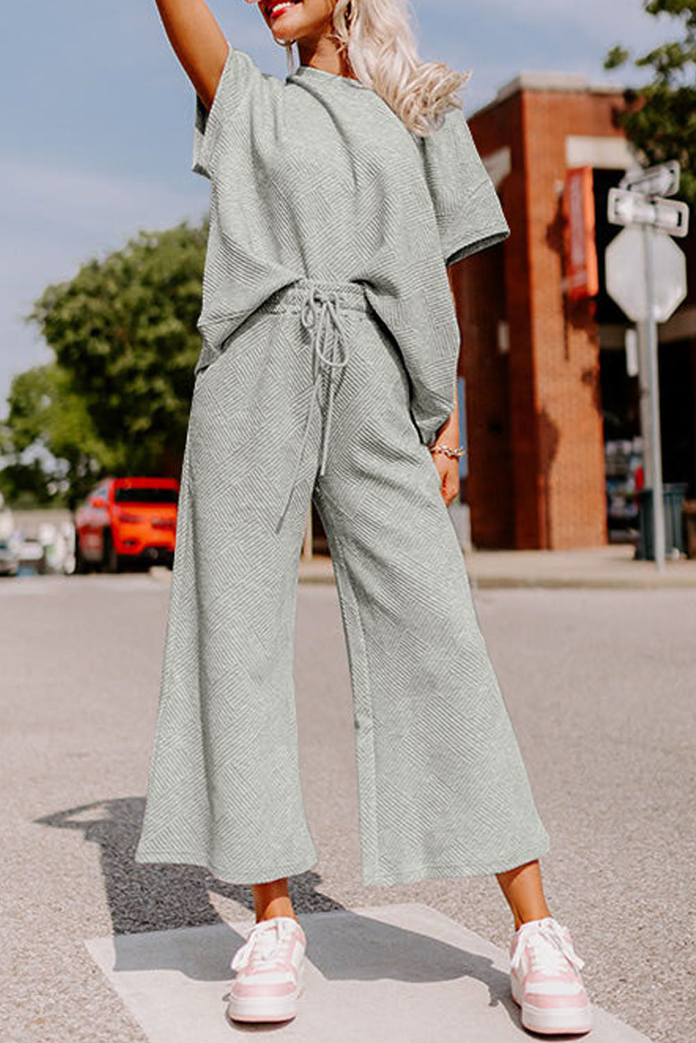 Cali Chic Gray Textured Loose Fit T Shirt and Drawstring Pants Set