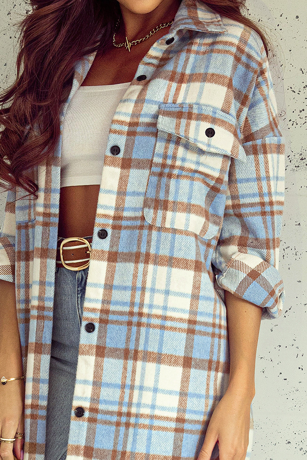 Cali Chic Sky Blue Plaid Flap Pocket Long Sleeve Shacket