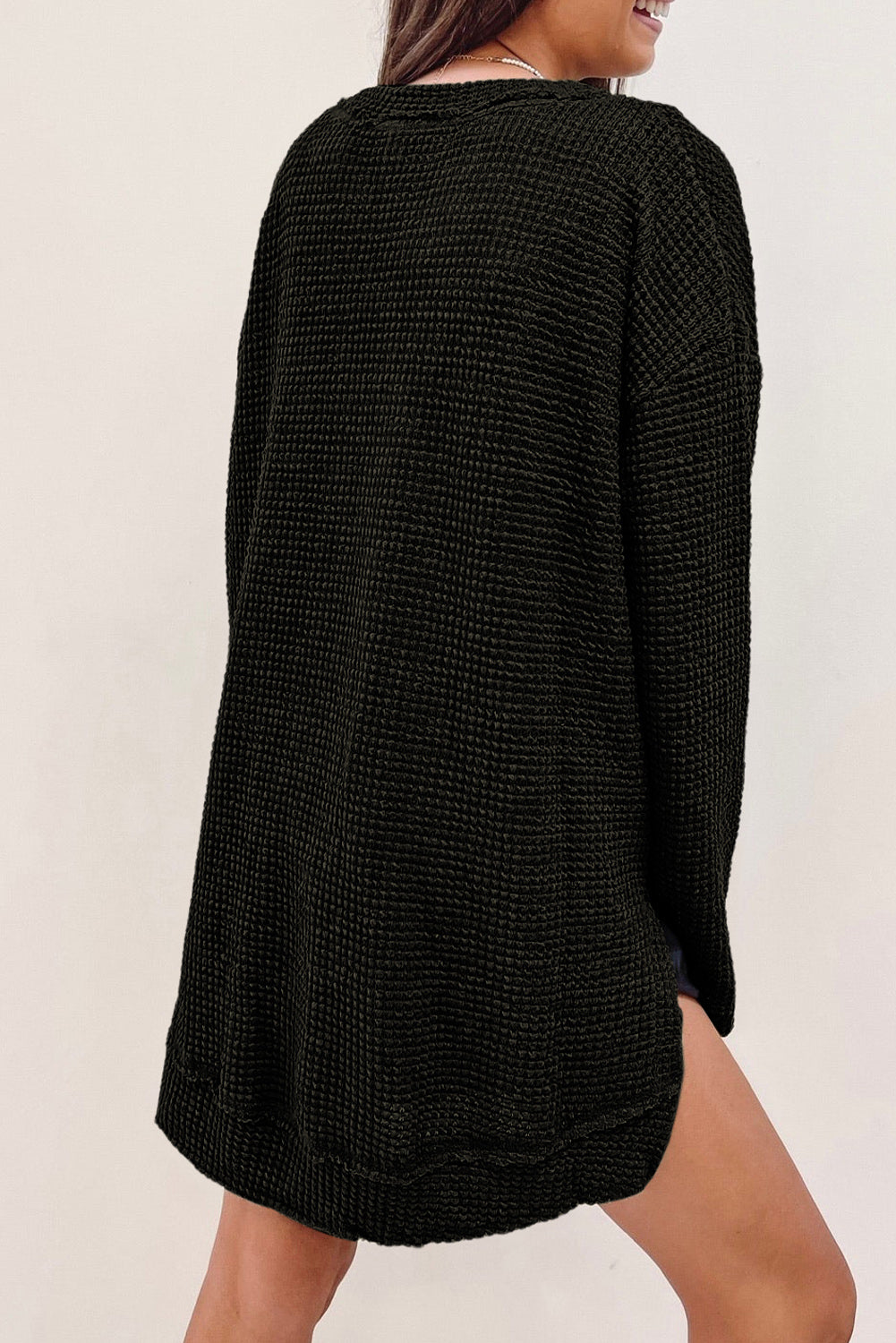 Cali Chic Women Black Waffle Knit High Slits Oversized Tops