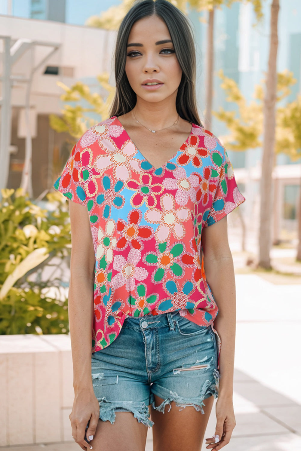 Pink Abstract Print V Neck Dolman Blouse