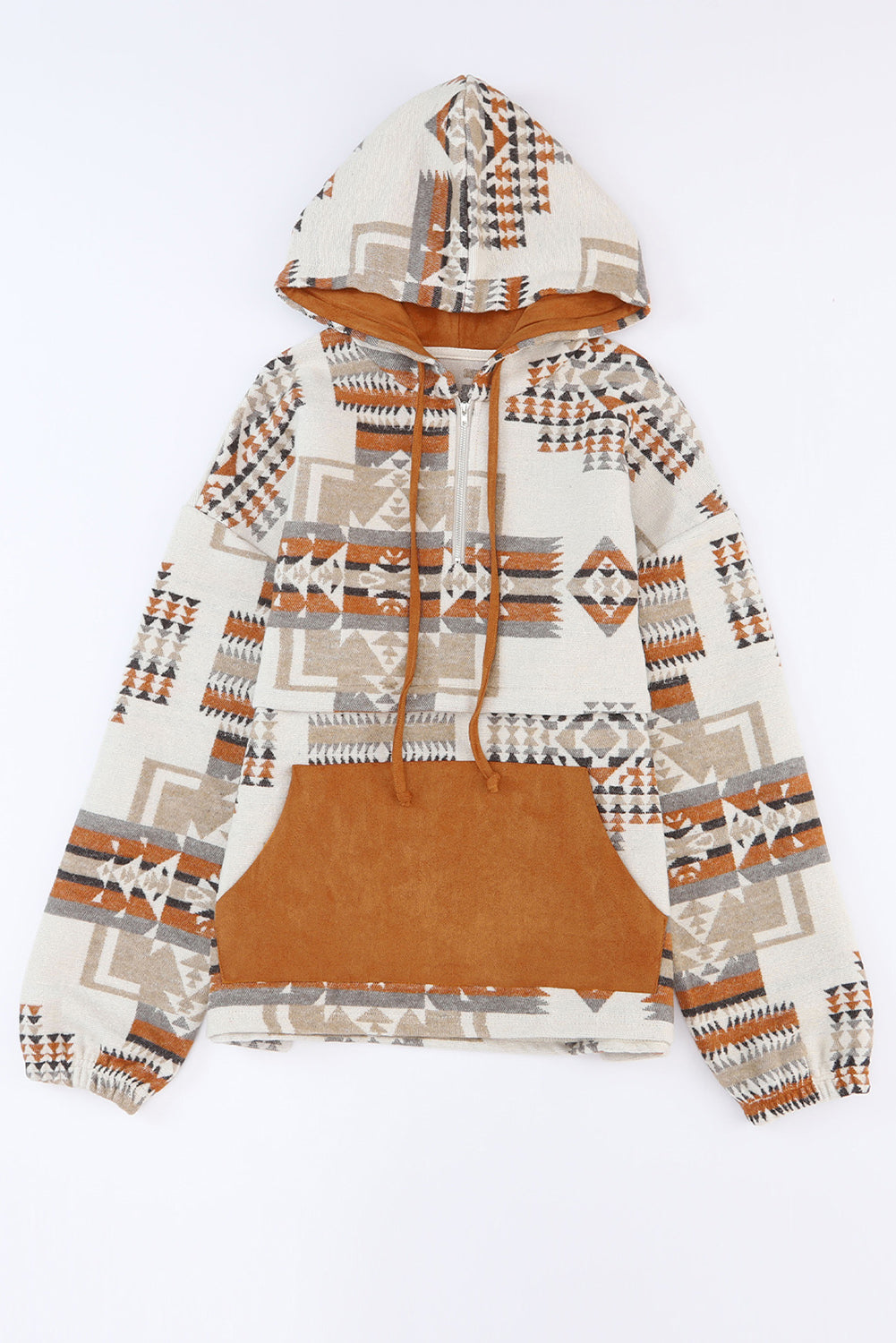 Cali Chic Beige Aztec Print Kangaroo Pocket Half-Zip Hoodie