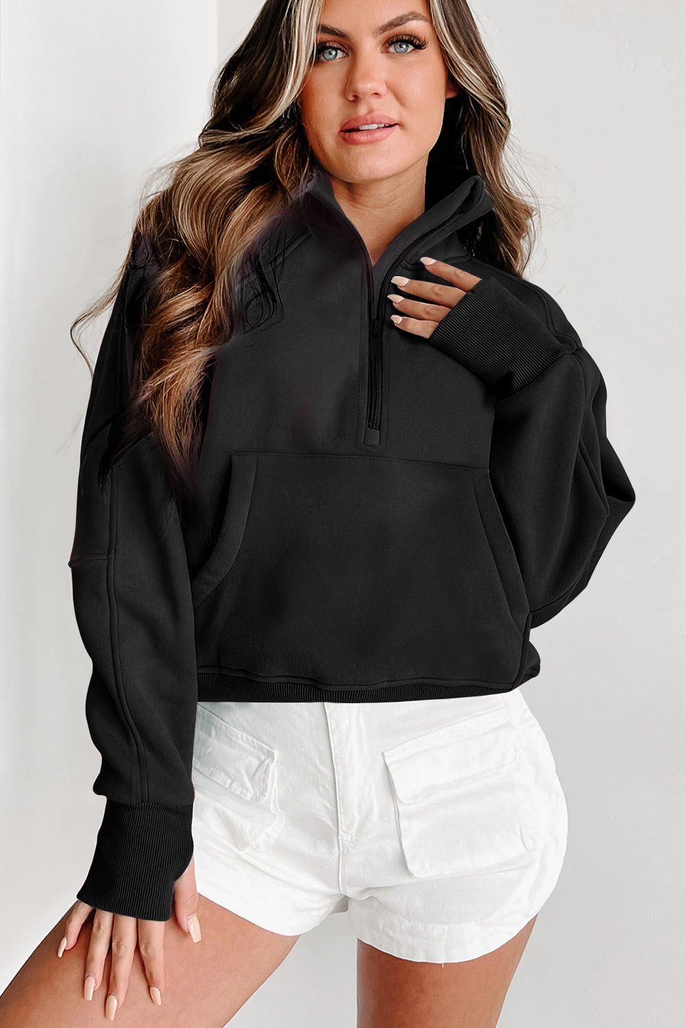 Cali Chic Black Zip Up Stand Collar Ribbed Thumbhole Sleeve Sweatshirt