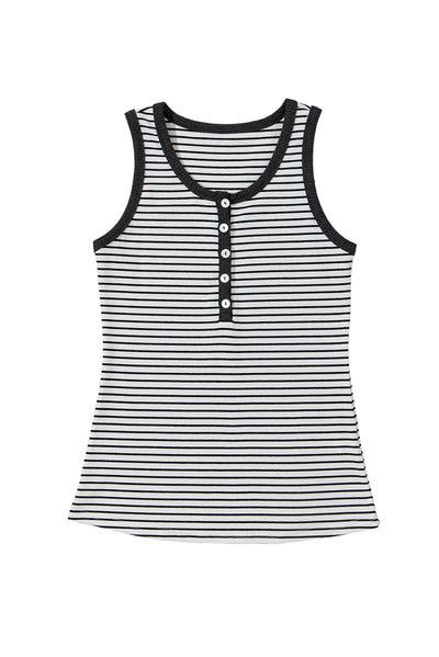 White Stripe Ribbed Knit Buttoned U Neck Tank Top