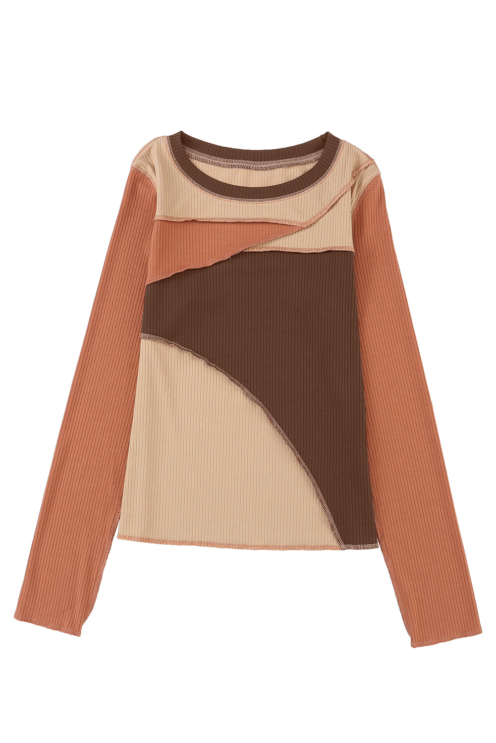 Cali Chic Brown Expose Seam Color Block Ribbed Knit Top