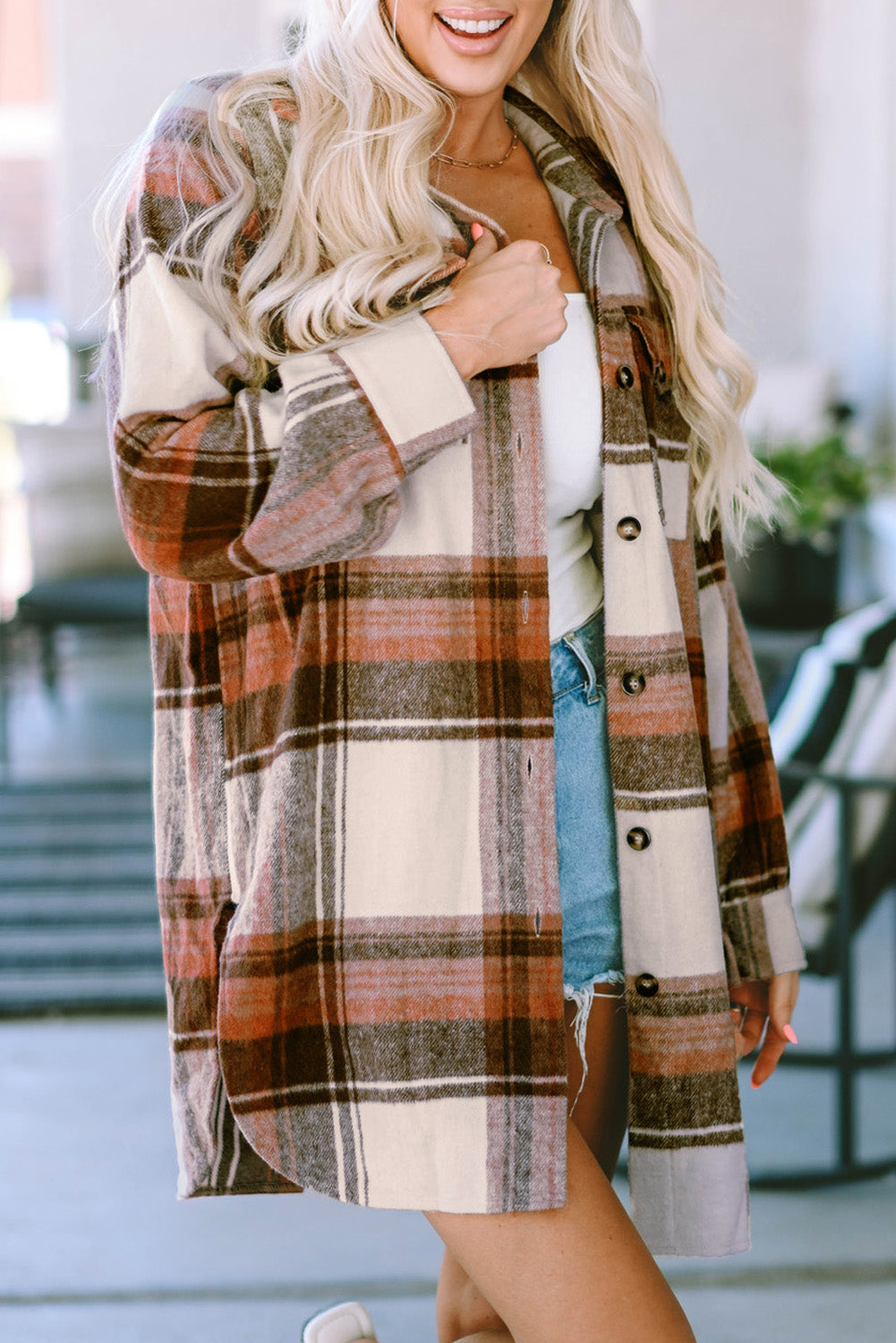 Cali Chic Brown Plaid Print Flap Pockets Long Shacket