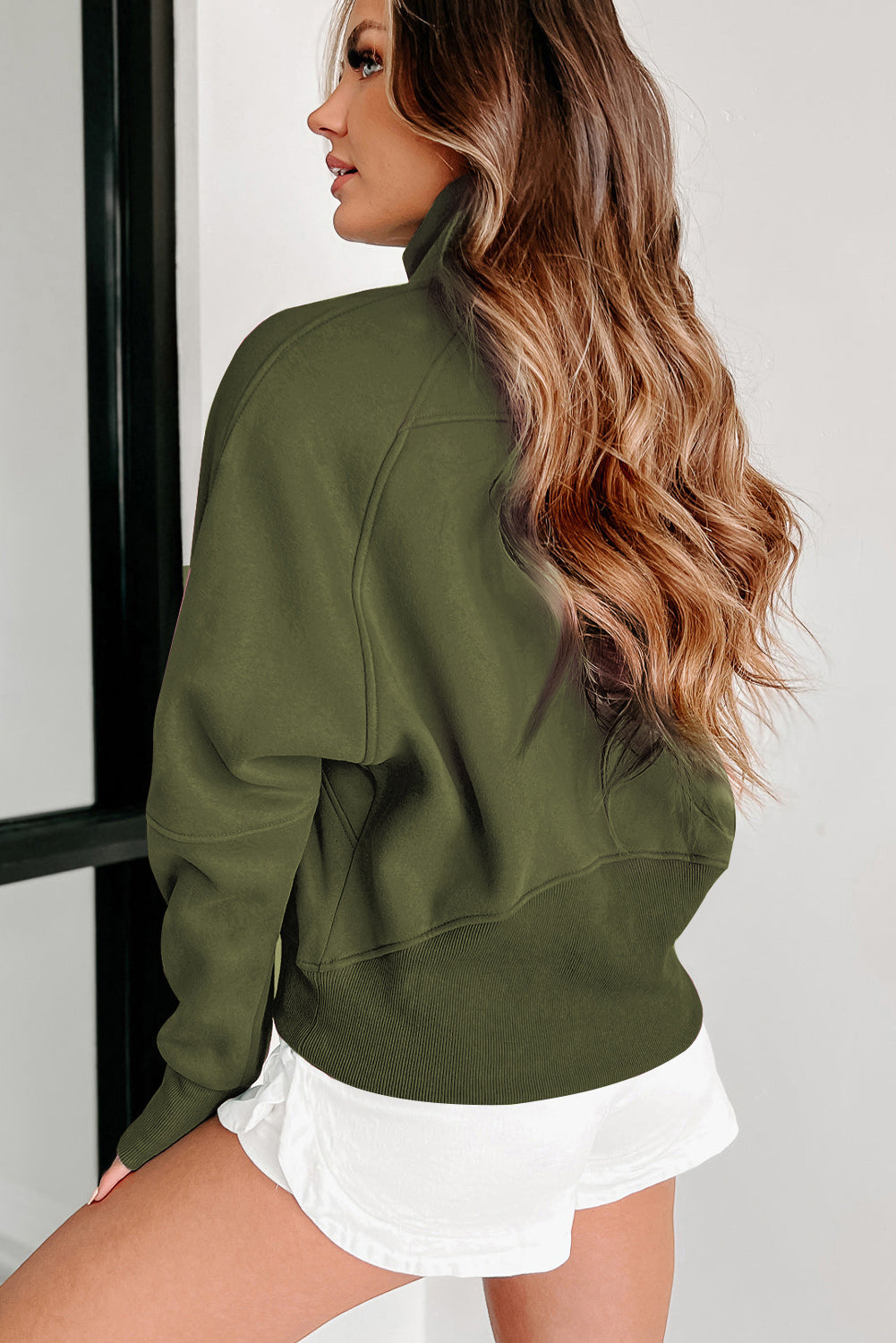 Cali Chic Green Zip Up Stand Collar Ribbed Thumbhole Sleeve Sweatshirt