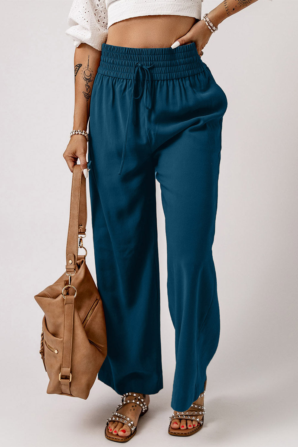 Cali Chic Blue Drawstring Elastic Waist Casual Wide Leg Pants