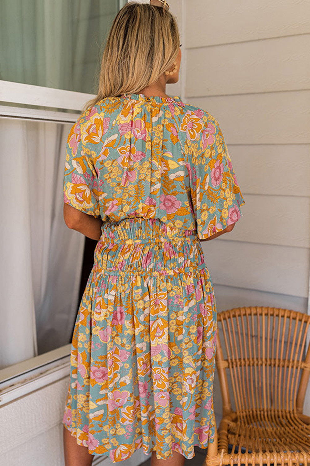 Cali Chic Boho Wide Sleeve Smocked Waist Floral Dress