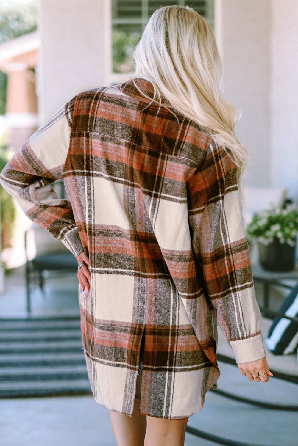 Cali Chic Brown Plaid Print Flap Pockets Long Shacket