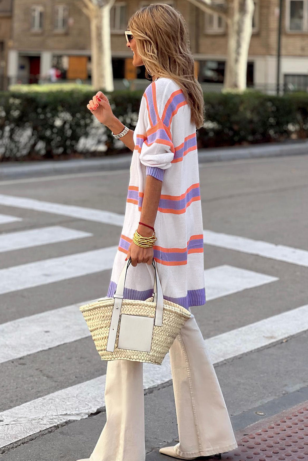 Cali Chic Beige Striped Long Sleeve Ribbed Trim Button Cardigan