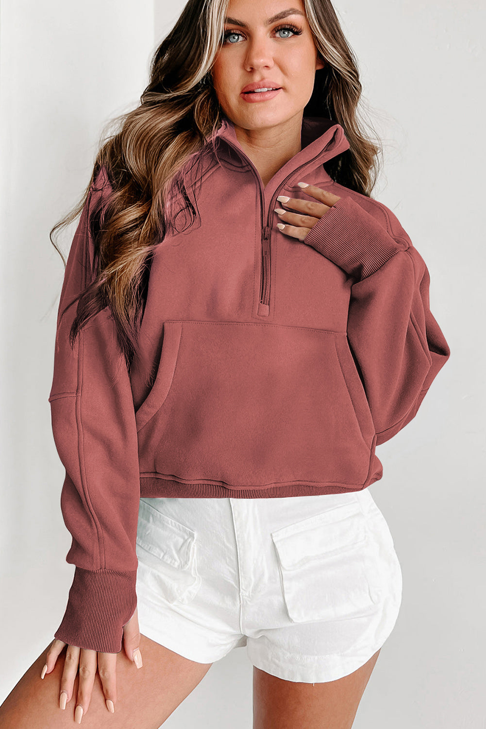 Cali Chic Brown Zip Up Stand Collar Ribbed Thumbhole Sleeve Sweatshirt